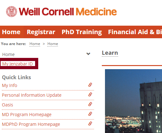 LEARN screenshot showing MyJenzabarID on the homepage